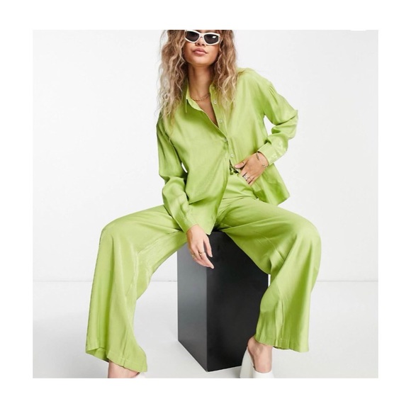 SOLD ASOS Daisy Street Wide Leg Pants In Green Shimmer - Picture 2 of 6